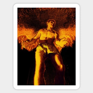 Portrait, digital collage and special processing. Angel in underpants in room. Astonishing. Orange and yellow. Fire. Sticker